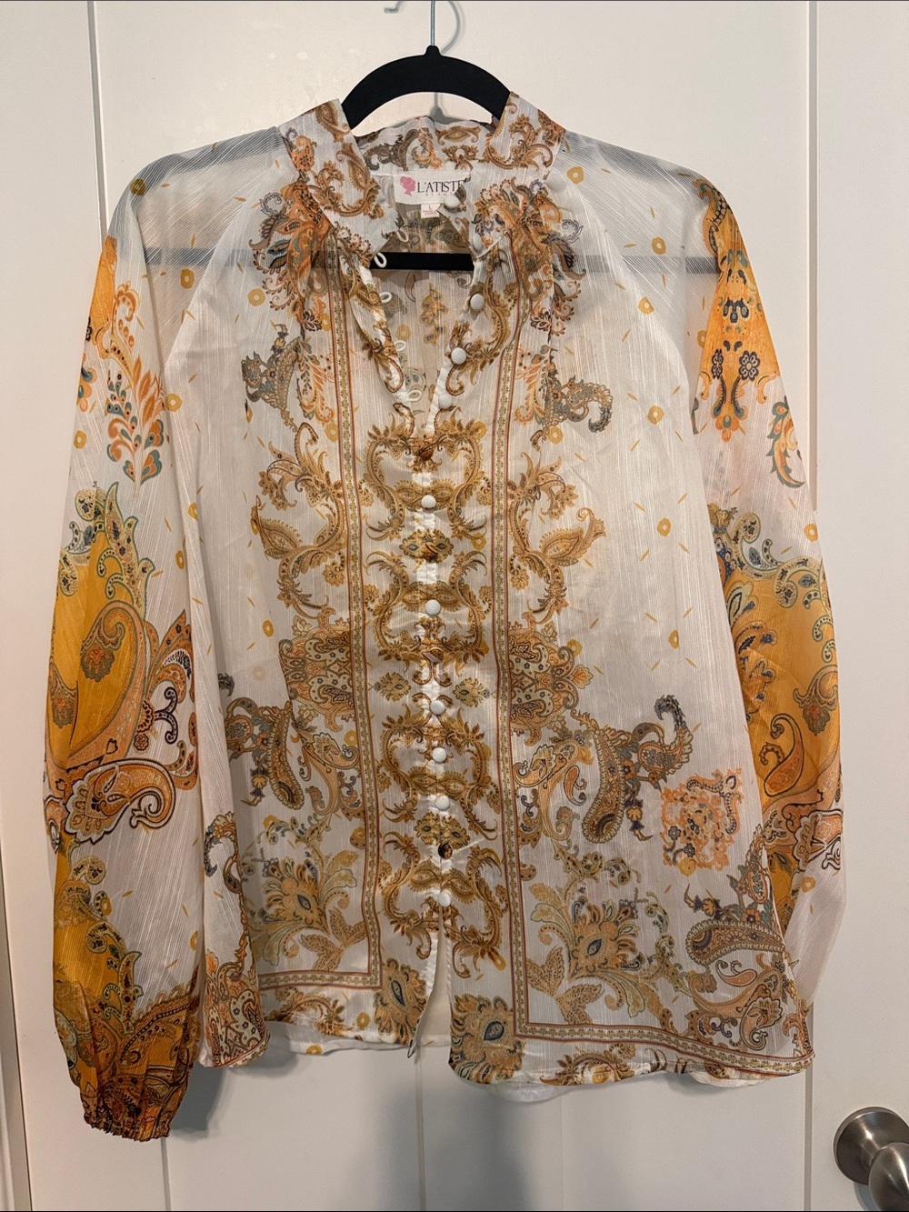 L'ATISTE White and Mustard Paisley Sheer Balloon Sleeve Boho Button-Up Blouse
